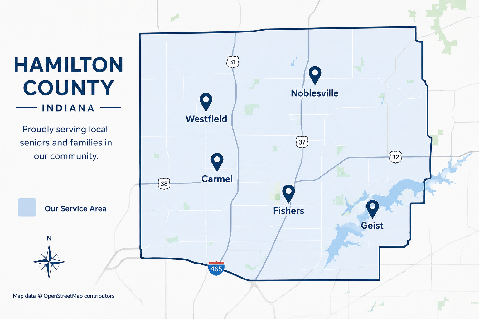 Hamilton County service area map showing Fishers, Carmel, Noblesville, Westfield, and Geist