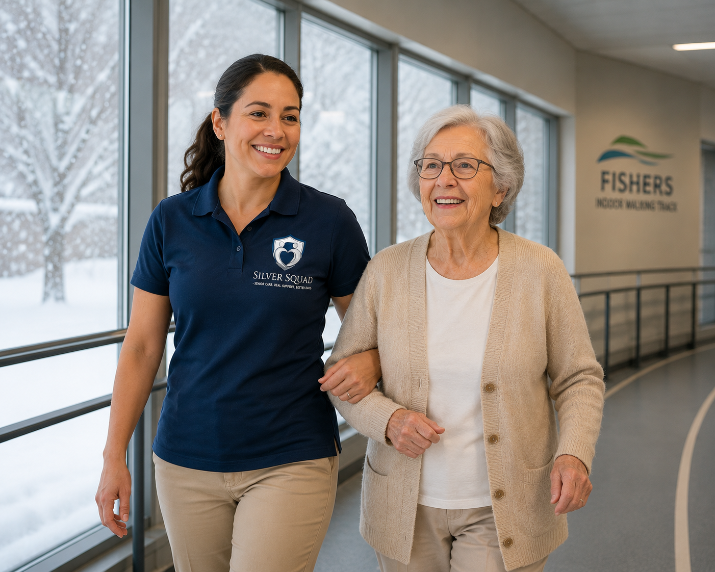 Silver Squad companion walking with a senior at indoor walking track