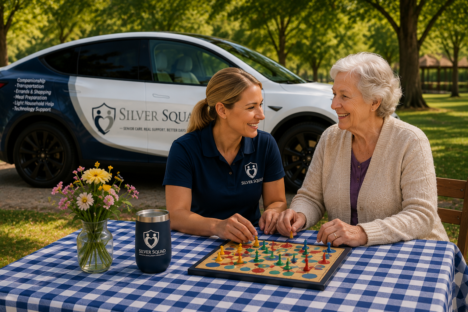 Silver Squad companion playing a game with a senior at a picnic table