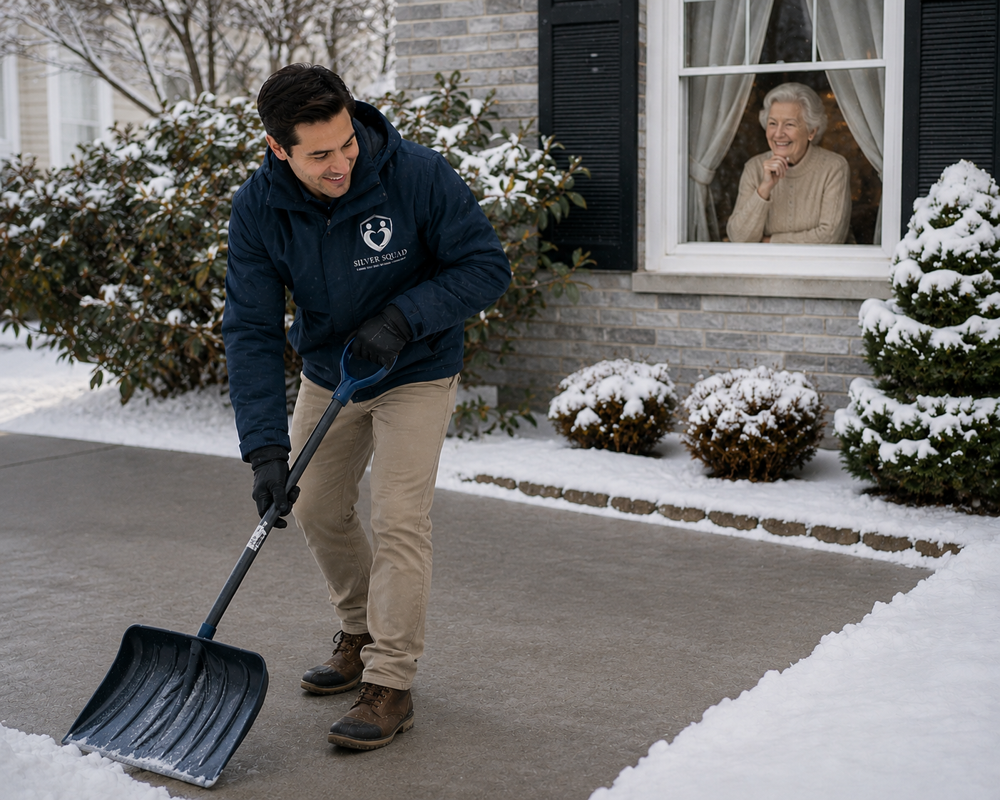 Silver Squad team member clearing snow while senior watches from window